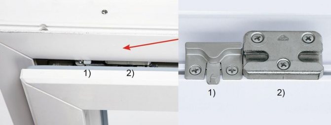 الصورة: على اليمين - مهاجم تهوية دقيقة (1) بجانب الشريط القياسي المضاد للسرقة (2) ؛ على اليسار - موضع الشرائح على إطار النافذة ، نافذة بها نافذة