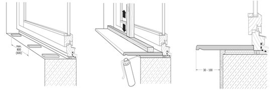 Ipinapakita ang mga phase ng pag-install ng isang plastic window sill sa foam