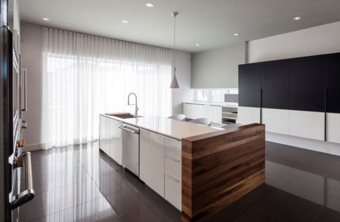 Køkken i stil med minimalisme, moderne ideer om gardiner til køkkenet