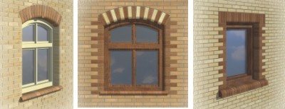 Indramning af vinduer på facaden af ​​huset med mursten, foto