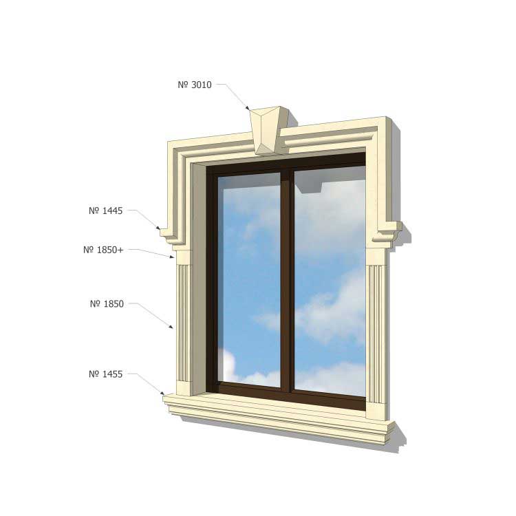 Ang pag-frame ng Windows sa Facade of the House na may isang window top, isang lock, pilasters at isang window sill
