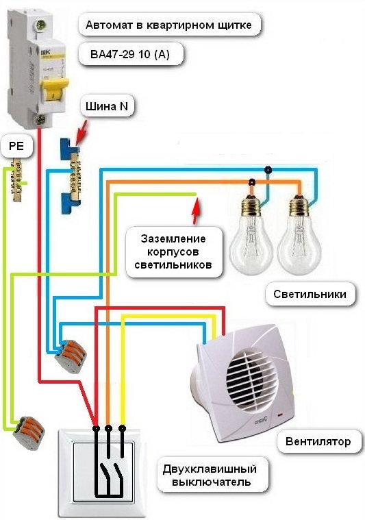 Conexiune ventilator folosind un comutator cu două butoane