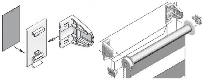 Assembly diagram ng mga braket at suspensyon ng mga roller blind sa tape