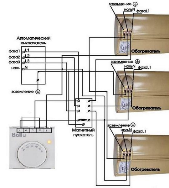 Forbindelsesdiagram for konvektorer med termostat